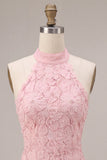 Roze halter hals bodycon gelaagd met ruches en bloemenparels korte homecomingjurk