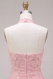 Roze halter hals bodycon gelaagd met ruches en bloemenparels korte homecomingjurk