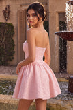 Strapless roze Jacquard A-lijn rucheerjurk korte homecomingjurk