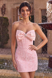 Strapless roze Jacquard Bodycon korset Korte Homecoming jurk met strik