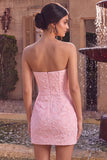 Strapless roze Jacquard Bodycon korset Korte Homecoming jurk met strik
