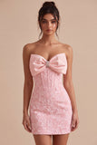 Strapless roze Jacquard Bodycon korset Korte Homecoming jurk met strik