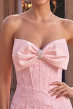 Strapless roze Jacquard Bodycon korset Korte Homecoming jurk met strik