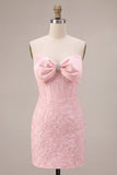 Strapless roze Jacquard Bodycon korset Korte Homecoming jurk met strik