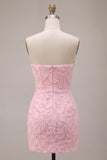 Strapless roze Jacquard Bodycon korset Korte Homecoming jurk met strik
