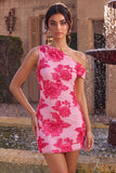 Fuchsia Bodycon Eenschouder Bloemenborduursel Korte Homecoming Jurk