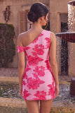 Fuchsia Bodycon Eenschouder Bloemenborduursel Korte Homecoming Jurk
