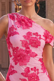 Fuchsia Bodycon Eenschouder Bloemenborduursel Korte Homecoming Jurk