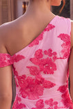 Fuchsia Bodycon Eenschouder Bloemenborduursel Korte Homecoming Jurk