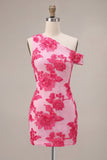 Fuchsia Bodycon Eenschouder Bloemenborduursel Korte Homecoming Jurk