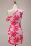 Fuchsia Bodycon Eenschouder Bloemenborduursel Korte Homecoming Jurk