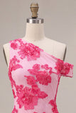Fuchsia Bodycon Eenschouder Bloemenborduursel Korte Homecoming Jurk