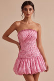 A-lijn roze strapless pailletten gerimpelde bobbelom-jurk korte homecoming jurk