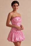 A-lijn roze strapless pailletten gerimpelde bobbelom-jurk korte homecoming jurk