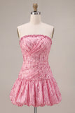 A-lijn roze strapless pailletten gerimpelde bobbelom-jurk korte homecoming jurk