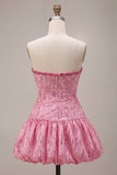 A-lijn roze strapless pailletten gerimpelde bobbelom-jurk korte homecoming jurk