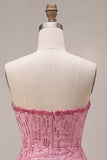 A-lijn roze strapless pailletten gerimpelde bobbelom-jurk korte homecoming jurk