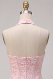 Roze bloemen halter hals Bodycon korset Jacquard korte homecomingjurk