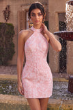 Roze bloemen halter hals Bodycon korset Jacquard korte homecomingjurk