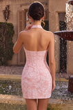 Roze bloemen halter hals Bodycon korset Jacquard korte homecomingjurk