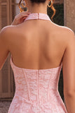 Roze bloemen halter hals Bodycon korset Jacquard korte homecomingjurk