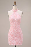 Roze bloemen halter hals Bodycon korset Jacquard korte homecomingjurk