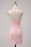Roze bloemen halter hals Bodycon korset Jacquard korte homecomingjurk