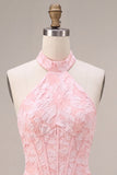 Roze bloemen halter hals Bodycon korset Jacquard korte homecomingjurk