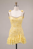 Geel Bodycon met kralen en gerimpelde bloemenborduursel Homecoming Dress met strasssteenafwerking