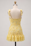Geel Bodycon met kralen en gerimpelde bloemenborduursel Homecoming Dress met strasssteenafwerking