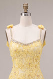 Geel Bodycon met kralen en gerimpelde bloemenborduursel Homecoming Dress met strasssteenafwerking