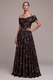 Zwarte A-lijn off-shoulder bloemen gerimpelde lange formele jurk
