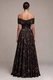 Zwarte A-lijn off-shoulder bloemen gerimpelde lange formele jurk