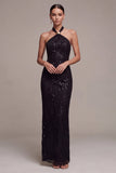 Zwarte zeemeermin halter hals pailletten lange formele jurk