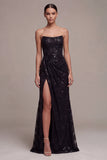 Strapless pailletten Zwarte Zeemeermin Lange formele jurk met gerimpelde jurk met split