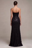 Strapless pailletten Zwarte Zeemeermin Lange formele jurk met gerimpelde jurk met split
