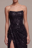 Strapless pailletten Zwarte Zeemeermin Lange formele jurk met gerimpelde jurk met split