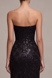 Strapless pailletten Zwarte Zeemeermin Lange formele jurk met gerimpelde jurk met split