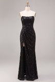 Strapless pailletten Zwarte Zeemeermin Lange formele jurk met gerimpelde jurk met split