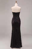 Strapless pailletten Zwarte Zeemeermin Lange formele jurk met gerimpelde jurk met split
