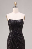 Strapless pailletten Zwarte Zeemeermin Lange formele jurk met gerimpelde jurk met split