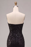 Strapless pailletten Zwarte Zeemeermin Lange formele jurk met gerimpelde jurk met split