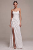 Strapless pailletten Zwarte Zeemeermin Lange formele jurk met gerimpelde jurk met split