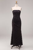 Strapless zwarte zeemeermin pailletten gerimpelde maxi formele jurk