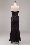 Strapless zwarte zeemeermin pailletten gerimpelde maxi formele jurk