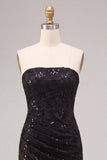 Strapless zwarte zeemeermin pailletten gerimpelde maxi formele jurk