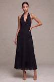 Chiffon zwarte A-lijn halter hals geplooide maxi formele jurk