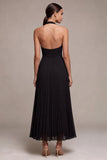 Chiffon zwarte A-lijn halter hals geplooide maxi formele jurk