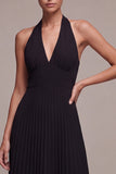Chiffon zwarte A-lijn halter hals geplooide maxi formele jurk