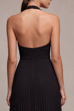 Chiffon zwarte A-lijn halter hals geplooide maxi formele jurk
